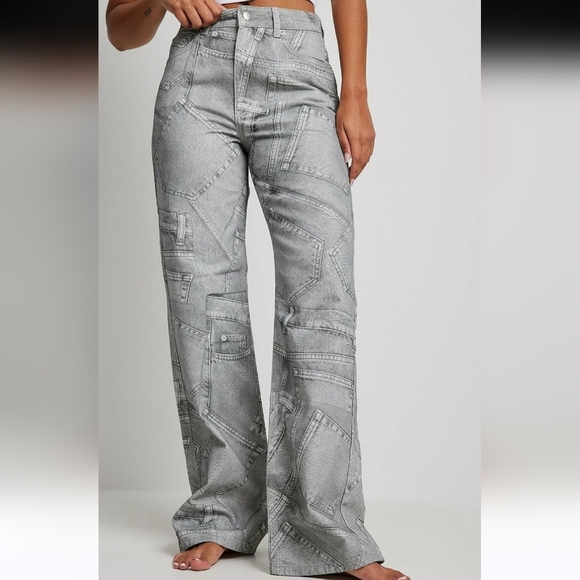 NA-KD Printed Grey Wide Leg Jeans SZ 32 Grunge - Picture 3 of 15
